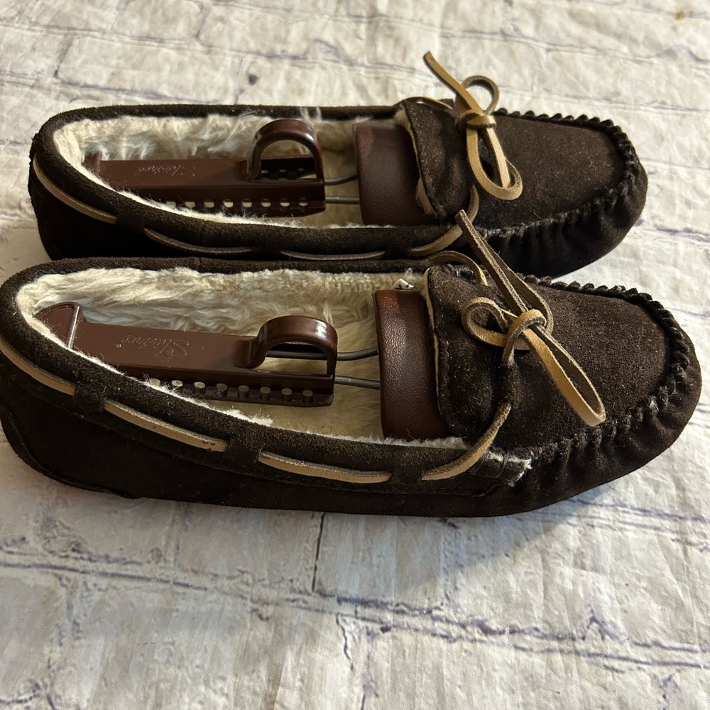 SOX-TAB CHOCOLATE BROWN SUEDE TARGET MOC SLIPPERS FAUX SHEARLING & LEATHER 9